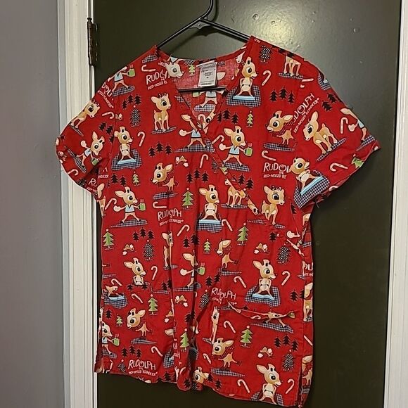 Rudolph the Red Nose Reindeer  Scrub Top - Picture 1 of 8